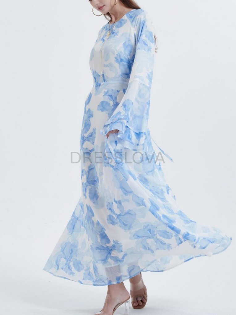 Vestido de chiffon estampado com manga flare              Write a Review